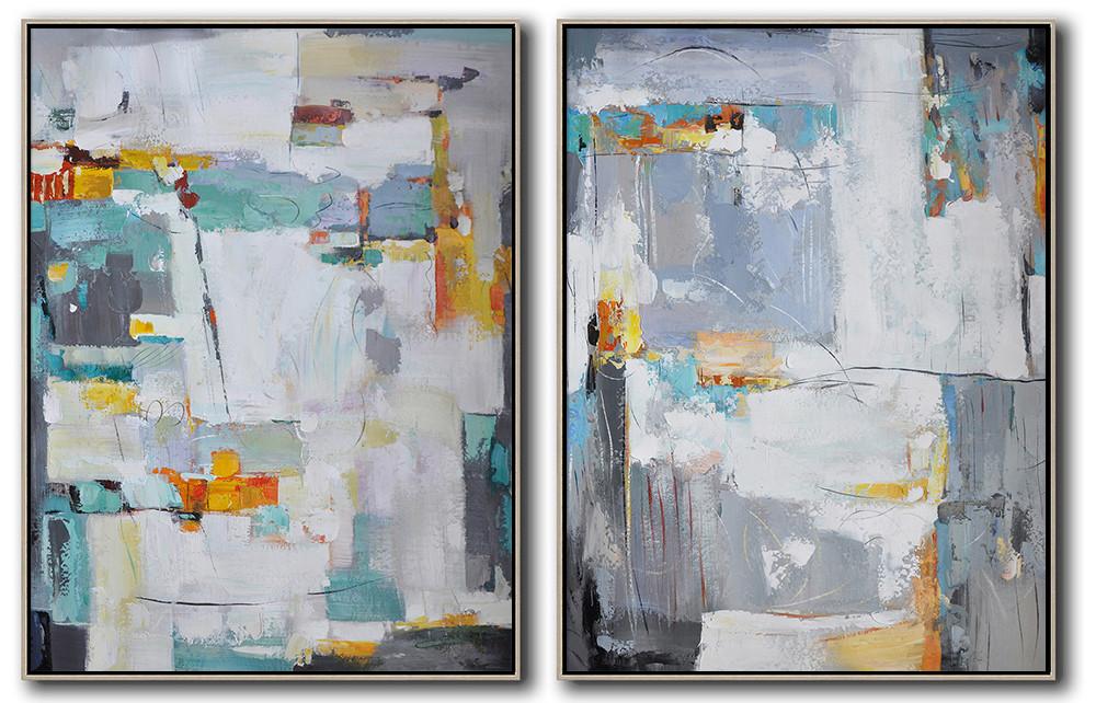 Hand-painted Set of 2 Contemporary Art on canvas - Original Oil Paintings For Sale Large